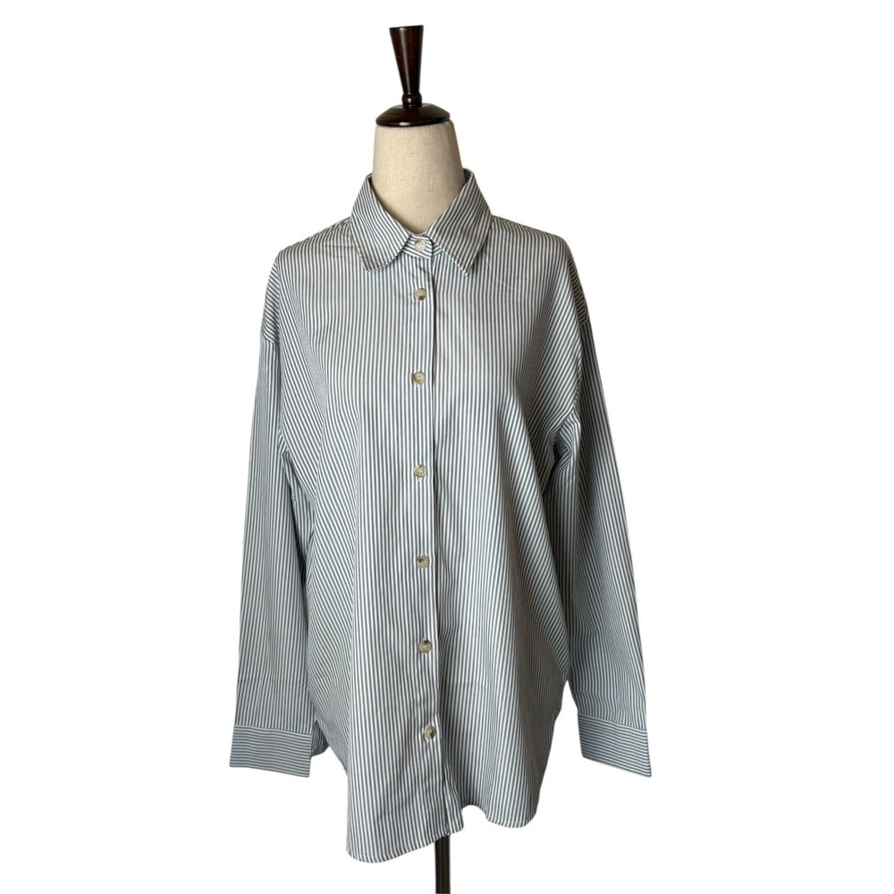 Diosun Pinstripe Button Down Shirt Women Small Gray White NWT Preppy Long Sleeve